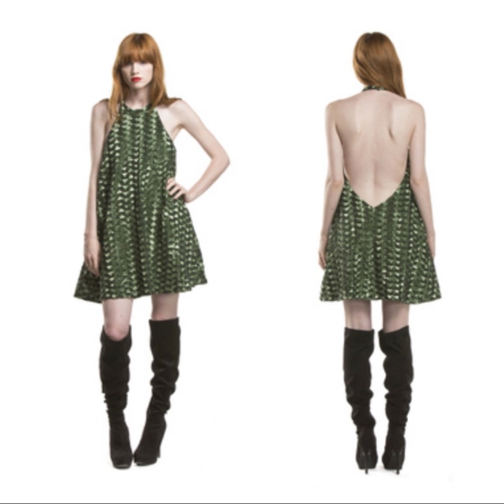 Line & Dot Viola Green Sequin Halter Swing Dress - Picture 2 of 11